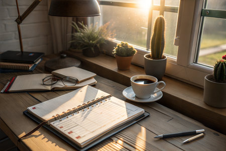 Sunlit workspace with coffee, planner, and plants. Ideal for productivity and planning themes.の写真素材