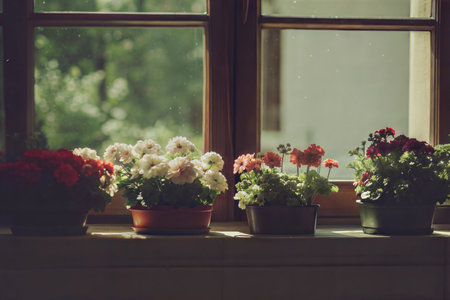 Various potted flowers sit on a sunlit windowsill, enjoying the warmth and light.の写真素材