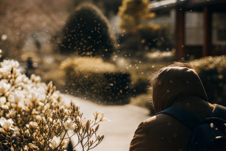 A person wearing a brown jacket stands in a garden filled with magnolia blossoms, sunlight illuminating dust particles in the air.の写真素材
