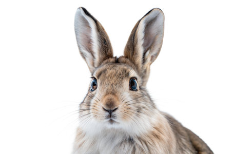 A detailed image of a young rabbit, showcasing its long ears, whiskers, and expressive eyes. The focus is on the rabbit's face and features.の写真素材