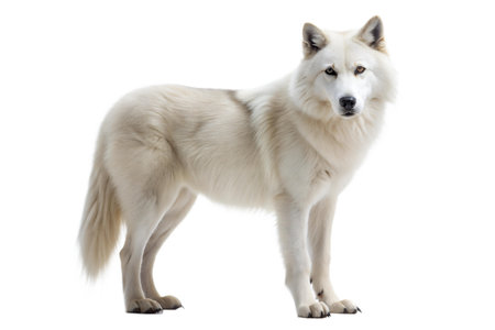 A majestic arctic wolf stands majestically against a black background. Its thick, white fur...