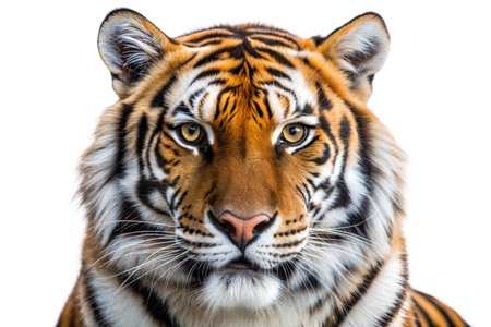 Close-up of a tiger's face, showing its intense gaze and striking features. The image is set against...