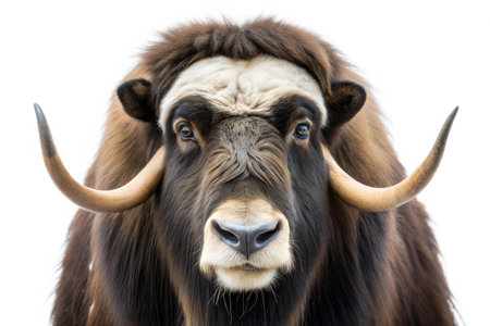 Close-up portrait of a muskox, showcasing its thick fur and prominent horns. The animal looks directly at the camera.の写真素材
