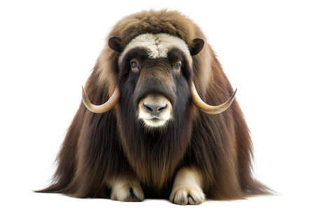 A detailed image of a musk ox, showcasing its thick fur and large horns. The animal is captured in a frontal view, providing a clear look at its facial features.の写真素材