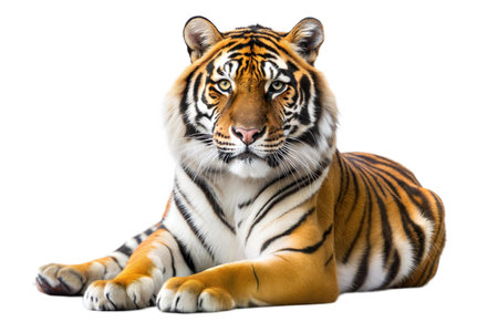 A stunning close-up of a tiger, showcasing its vibrant stripes and intense gaze.の写真素材