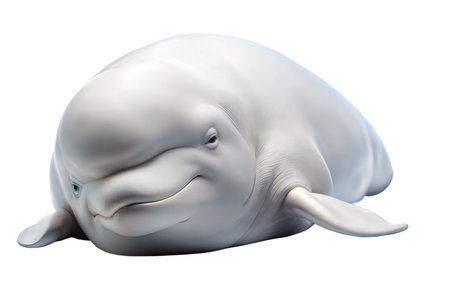 Close-up of a beluga whale against a black background. The whale's smooth, white skin and expressive eyes are prominent.の写真素材