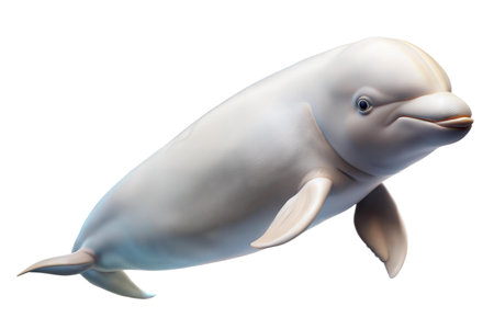 A digital rendering of a white dolphin, isolated on a black background. The dolphin appears to be swimming and is depicted in detail.の写真素材