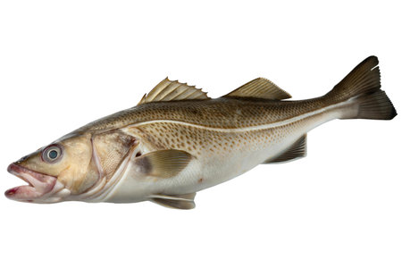 Close-up view of a fresh cod fish isolated on a black background. The fish is displayed in its entirety, showing its details and texture.の写真素材