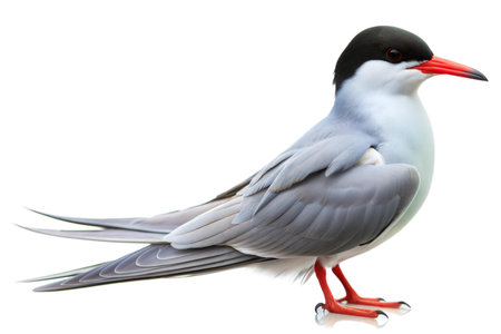 Close-up view of an Arctic Tern, showcasing its distinctive features, including its black cap and...