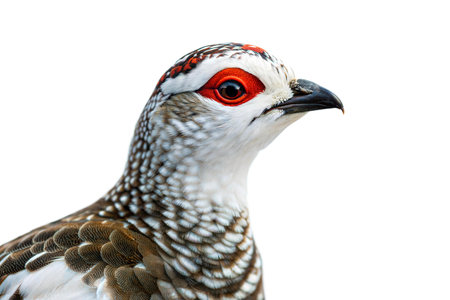 A detailed close-up of a red-eyed quail, showcasing its intricate plumage and vibrant colors against a black background.の写真素材