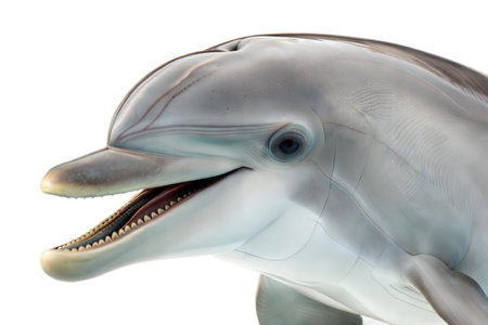 A detailed close-up of a dolphin's face, showing its eye, teeth, and smooth skin. The dolphin appears to be smiling.の写真素材