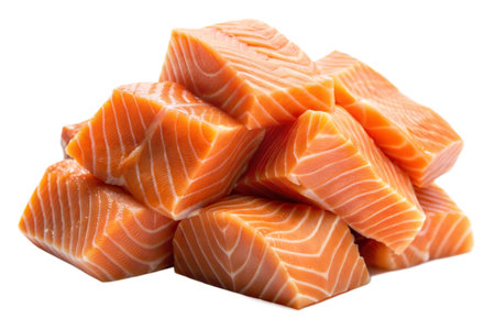 Close-up of fresh salmon portions, ideal for various recipes.  Rich orange color and visible texture.の写真素材