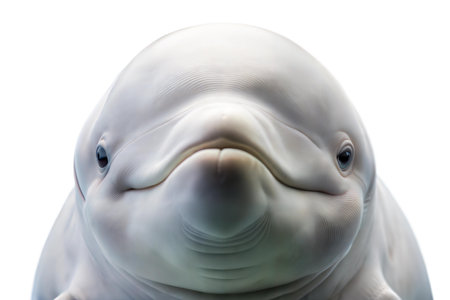 Close-up of a white dolphin against a black background. The dolphin's smooth skin and expressive eyes are clearly visible.の写真素材