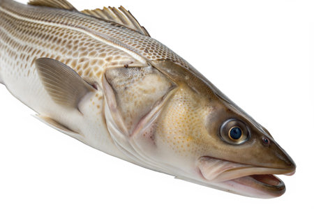 Detailed close-up of a Greenland halibut (Reinhardtius hippoglossoides) against a black background.  Shows texture and detail of the fish.の写真素材