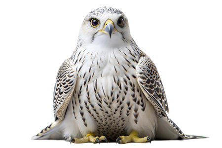 A detailed closeup of a Gyrfalcon, showcasing its white and black plumage. The bird is perched and facing forward.の写真素材