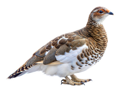 A Willow Ptarmigan (Lagopus lagopus) stands against a black background, showcasing its detailed plumage.の写真素材