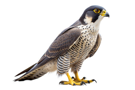 A close-up shot of a Peregrine Falcon perched, showcasing its sharp talons and intense gaze.の写真素材