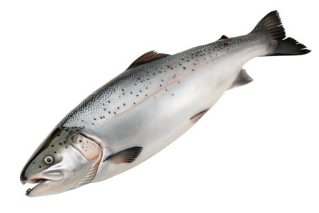 Close-up view of a fresh salmon, showcasing its scales and details against a black background.の写真素材