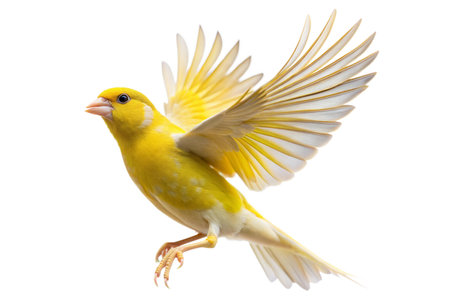 A vibrant yellow canary with wings spread wide, isolated on a black background.