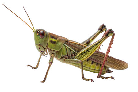 Detailed view of a vibrant green grasshopper, showcasing its intricate body and textures. Isolated on black background.の写真素材