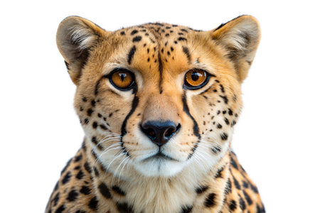 A detailed close-up shot of a cheetah's face, showcasing its intense gaze and unique spots.の写真素材