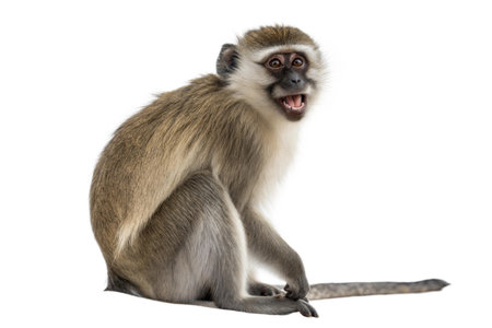 A vervet monkey sitting with its mouth open, isolated on a black background.