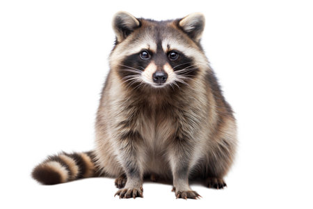 A close-up shot of an adorable raccoon sitting against a black background.の写真素材