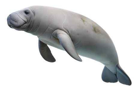 A West Indian Manatee gracefully swims in the water.  The manatee is light gray with some small patches of algae.の写真素材