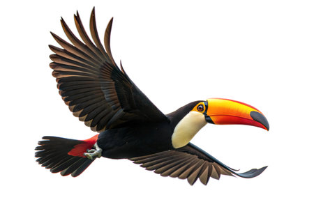 A toucan in flight with its wings spread wide, showcasing its vibrant colors and large beak against a black background.の写真素材