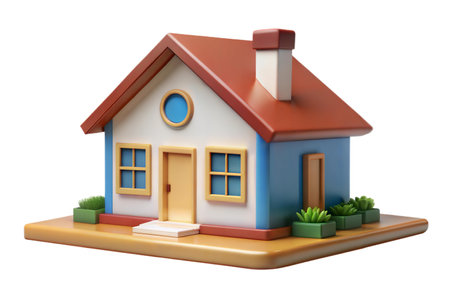 Stylized 3D render of a cute cartoon house with a red roof, blue walls, and small garden.の写真素材