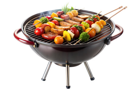 Close-up of colorful vegetable and meat skewers grilling on a charcoal grill. Perfect for summer BBQ.の写真素材