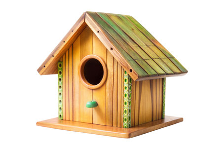 A charming, hand-painted wooden birdhouse with a green roof and decorative accents. Perfect for attracting birds to your garden.の写真素材