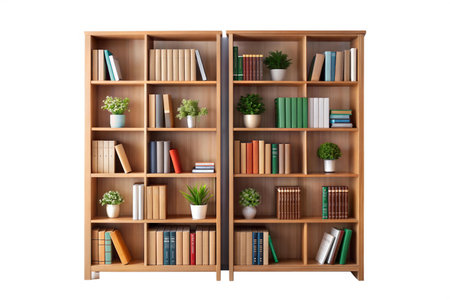 Two wooden bookcases filled with various books and potted plants.  Perfect for home office or library.の写真素材