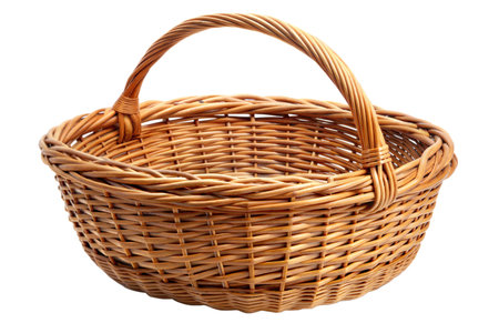 A nicely woven, empty wicker basket with a single handle, isolated on a black background.の写真素材