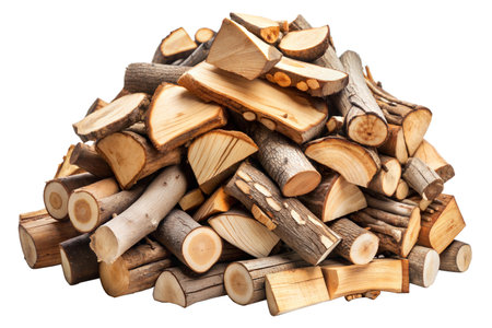 A pile of cut firewood logs, ready for winter.  Various sizes and shapes of wood are visible.の写真素材