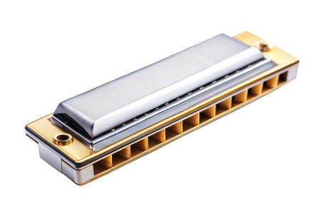 Close-up view of a gold harmonica isolated on a black background. The image is well-lit, showcasing...