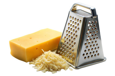 Close-up of a metal grater, a block of cheese, and a pile of freshly grated cheese.の写真素材