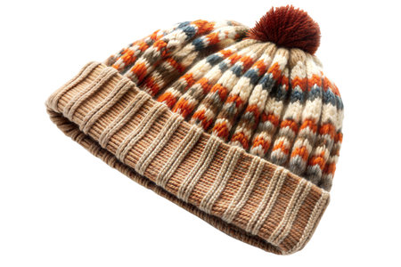 Close-up of a warm, knitted winter hat with a pompom, featuring a multicolored pattern in orange,...