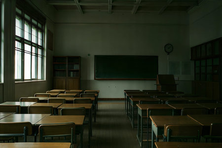 A dimly lit classroom with empty desks and a blackboard, suggesting a quiet and unoccupied space.