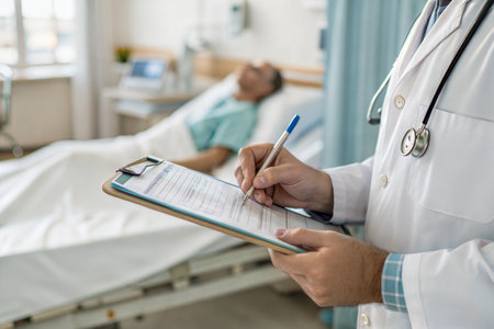 Close-up of a doctor's hands writing on a clipboard in a hospital room with a patient resting in the background.の写真素材