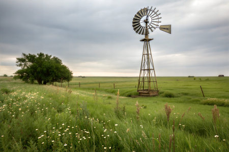 A rustic windmill stands in a vibrant green field under a cloudy sky. Wildflowers dot the landscape.の写真素材