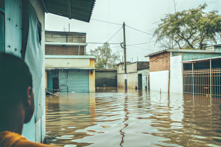 A flooded street in a poor neighborhood, showing the impact of heavy rainfall and poor infrastructure. A person observes the scene from a doorway.の写真素材
