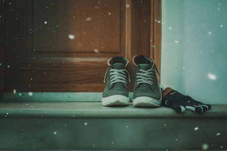 A pair of olive green sneakers and black gloves sit on a doorstep in the snow.の写真素材