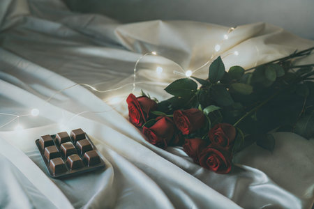 Red roses and a box of chocolates on a silk fabric with fairy lights. Romantic Valentine's Day...