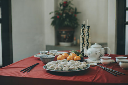 A table set for a Chinese New Year celebration, featuring dumplings, oranges, tea, and chopsticks.の写真素材
