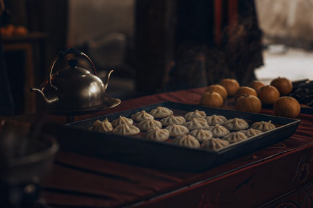 A moody photo of freshly steamed buns on a tray next to a vintage teapot.