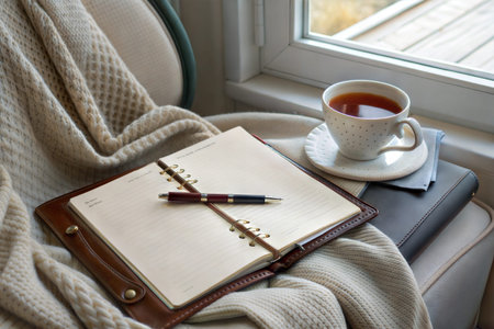 A warm knit blanket, a cup of tea, and an open notebook create a peaceful scene by a window.