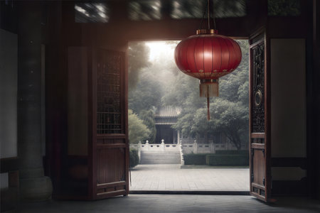 A red Chinese lantern hangs near open doors revealing a tranquil garden scene with a traditional building.の写真素材