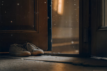 A pair of worn canvas shoes sits by a wooden door, with snow falling outside. A quiet, contemplative scene.の写真素材