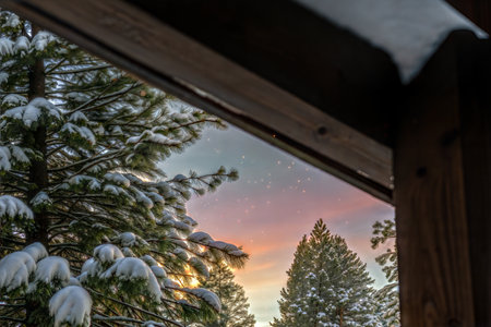 View of snow-covered pine trees through a wooden frame during a vibrant sunset.の写真素材